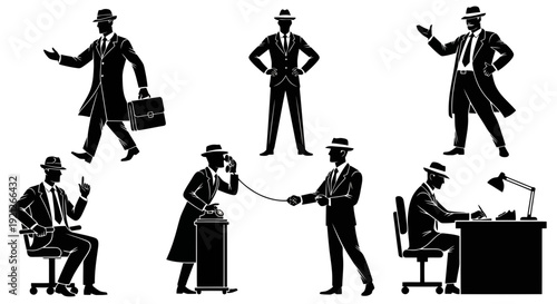 Retro Businessmen and Detectives Silhouettes Set in Vintage Style