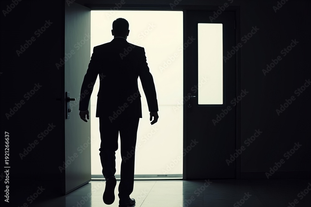 Fototapeta premium Silhouette of man exiting office door represents unemployment.