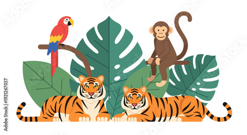 Tigers and Jungle Animals in a Lush Forest