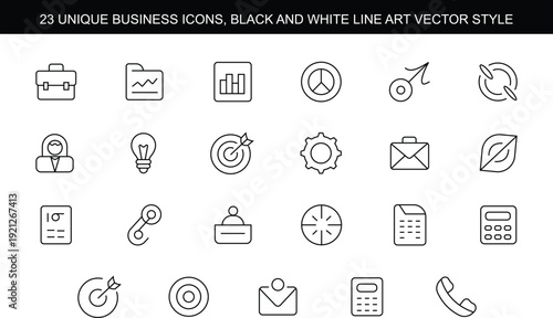 23 unique business icons, black and white line art vector style