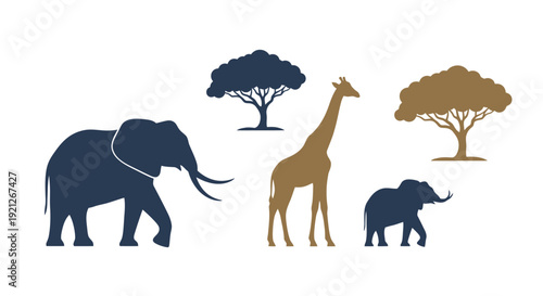 Savannah Wildlife Scene with Silhouette Animals