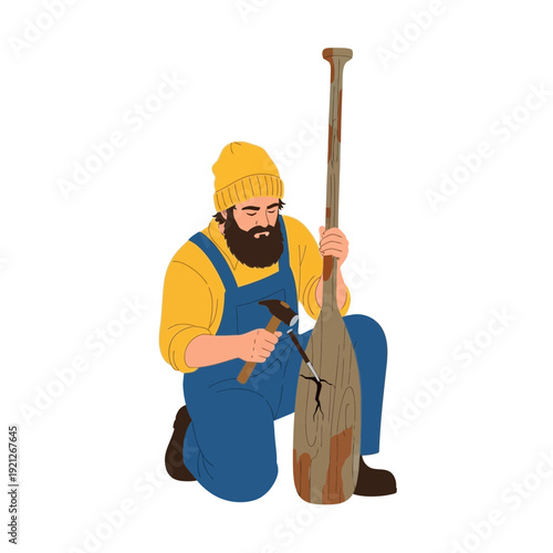 Bearded man carving wooden paddle with hammer and chisel