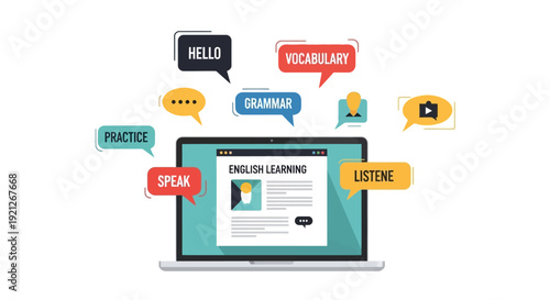 E Learning on Laptop with Language Learning Icons