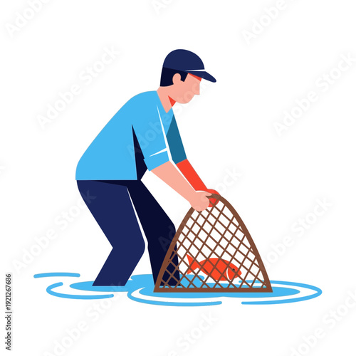 Fisherman catching fish in water with net, illustration