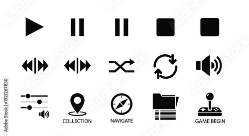 Collection of black media player and navigation control icons silhouette