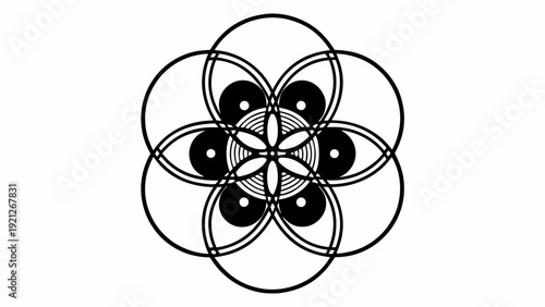Symmetrical pattern of overlapping circles forming a floral design from a top view