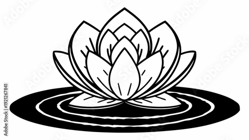 A serene lotus flower blooming on the water's surface, illustration, peaceful surroundings, top view