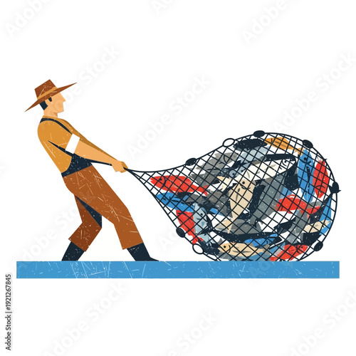 Fisherman pulling net full of fish, vector illustration