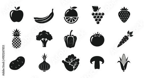 Collection of various fruit and vegetable glyph icons black silhouette