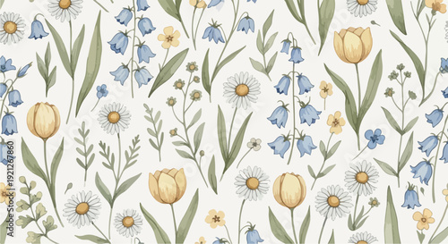 Soft pastel meadow flowers arranged in repeating pattern