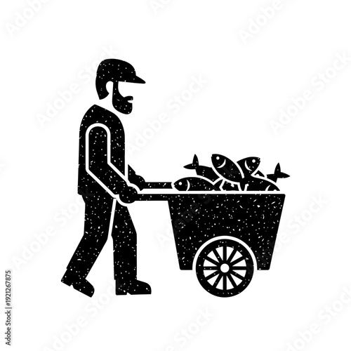 Fisherman pushing cart full of fish, stylized illustration