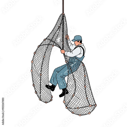 Fisherman repairing fishing net