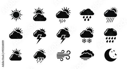 Weather icons depicting sun clouds rain and moon a silhouette