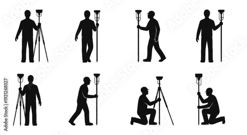 Construction Surveyor Silhouettes with GPS RTK Pole,  Set of eight black silhouettes showing construction surveyors holding GPS RTK poles in various standing, walking, and kneeling positions.