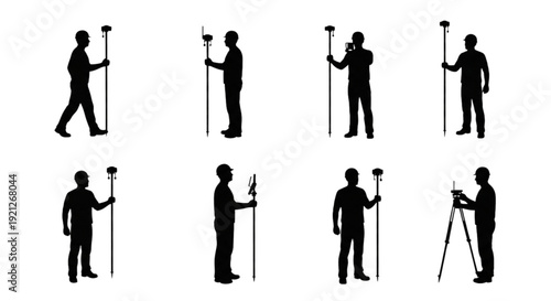 Land Surveyor Worker Silhouettes with Equipment,  Set of eight black silhouettes depicting land surveyors with GPS poles and total stations in various poses, including walking and standing.