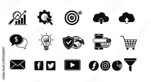 Business and technology icons displayed in a dark monochrome silhouette