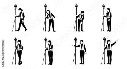 Female Land Surveyor Silhouettes with GPS Pole,  A collection of black silhouettes showing female land surveyors wearing safety vests and using GPS poles in different poses.