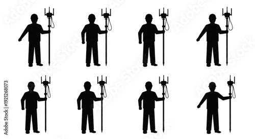 Male Surveyor Silhouette Collection with GNSS Receiver,  A set of black silhouettes featuring male surveyors standing and holding GNSS receivers on poles.