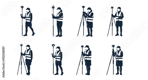 Female Land Surveyor Silhouettes Set, Various GPS Poses, A collection of eight black silhouettes showing a female land surveyor in various poses, walking and measuring using a GPS rover pole and data 