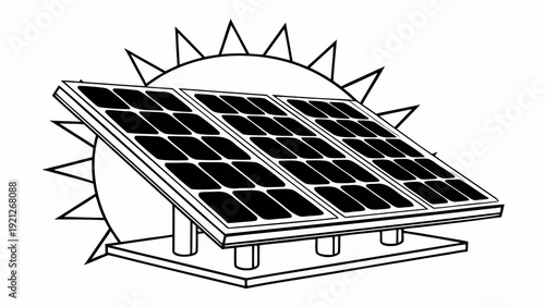 Solar panel installation on a tilted platform with sun in the background, viewed from the side, showcasing renewable energy technology