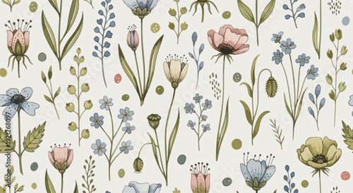 Soft hand painted blossom print in repeating layout