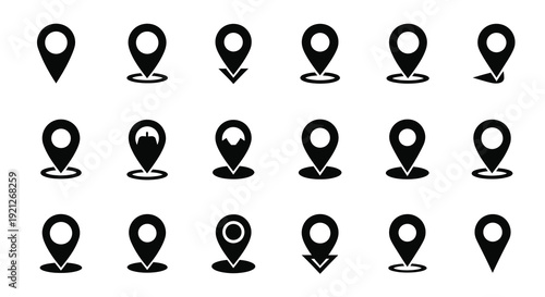 Collection of black map pin icons displayed in a simple silhouette