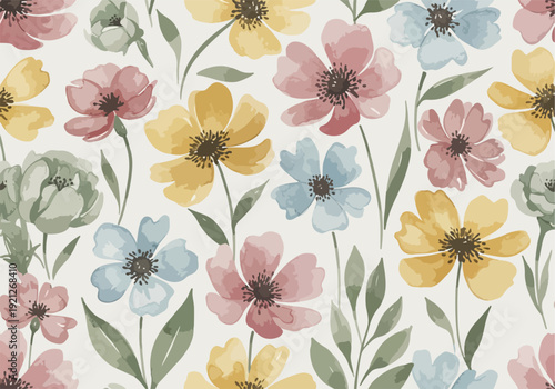 Seamless cottagecore botanical background with blooming roses and tender wildflowers in soft colors