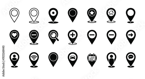 Collection of black location pin icons with varying symbols silhouette