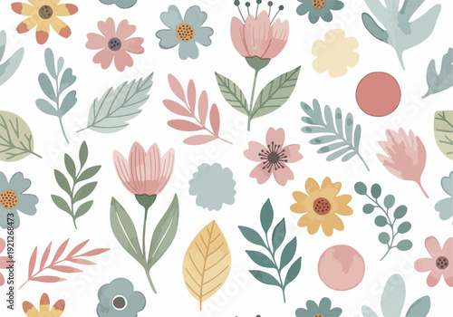 Scandinavian style floral seamless pattern featuring dusty pink blossoms and sage green leaves illustration