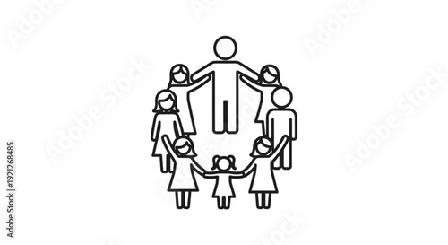 Illustration of people forming a circle around a central figure holding a child from various viewpoints