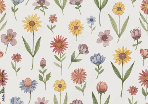 Vintage inspired seamless flower wallpaper with delicate hand painted blooms and leafy branches in muted hues