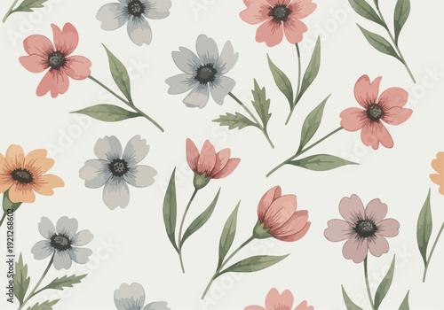 Pastel wildflower seamless background featuring charming blossoms and leafy stems in modern folk art style