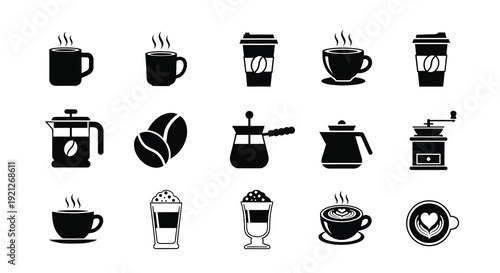 Black coffee and related items depicted in a minimalist silhouette