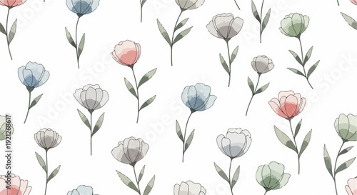 Vintage inspired seamless flower pattern with elegant roses, small blossoms, and leafy stems in pastel palette