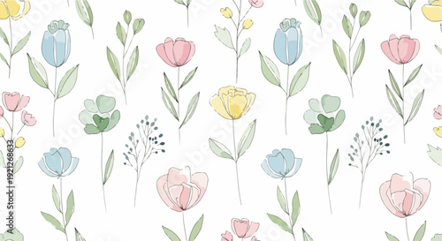 Scandinavian style seamless botanical print with playful flowers and leaves in dusty pink and sage green tones