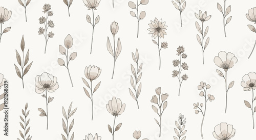 Whimsical floral illustration with scattered roses and daisies in muted tones seamless repeat textile design