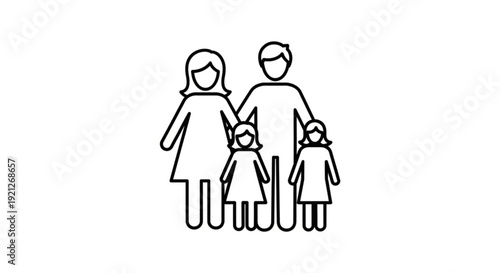 Simple line illustration of a family with two adults and two children standing together, viewed from the front