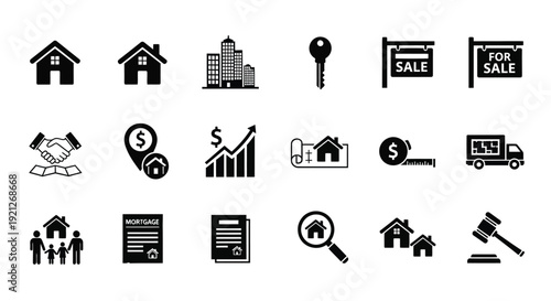 Real estate icons and financial symbols presented in black silhouette