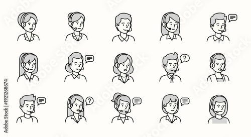 Customer Service and Call Center Operators Avatars Vector Icons Set. Diverse Male and Female Support Staff with Headsets and Speech Bubbles, Representing Online Assistance and Communication.