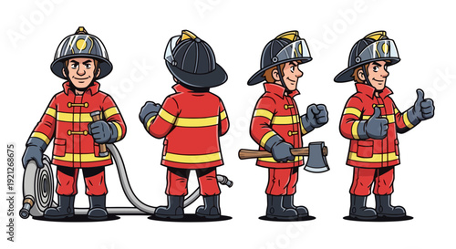 Cartoon Firefighter Character Poses with Fire Hose and Axe