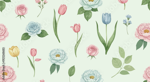 Charming seamless botanical pattern with whimsical garden flowers and soft earthy colors for fabric and wallpaper design