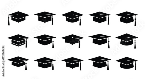 Multiple graduation caps arranged in a grid black silhouette