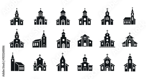 Collection of gothic and baroque church designs in black silhouette