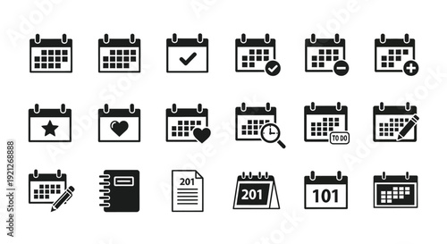 Collection of black calendar icons with various symbols a silhouette