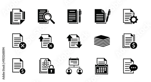 Collection of document and office related icons in black silhouette