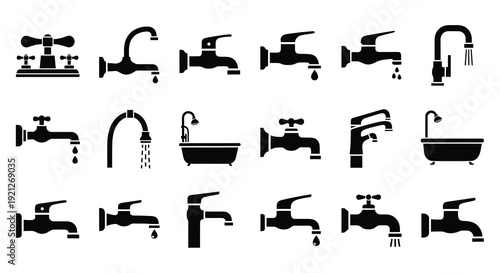 Collection of various faucet designs in a black silhouette