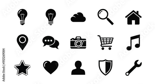 Collection of black icons depicting common symbols and a human silhouette