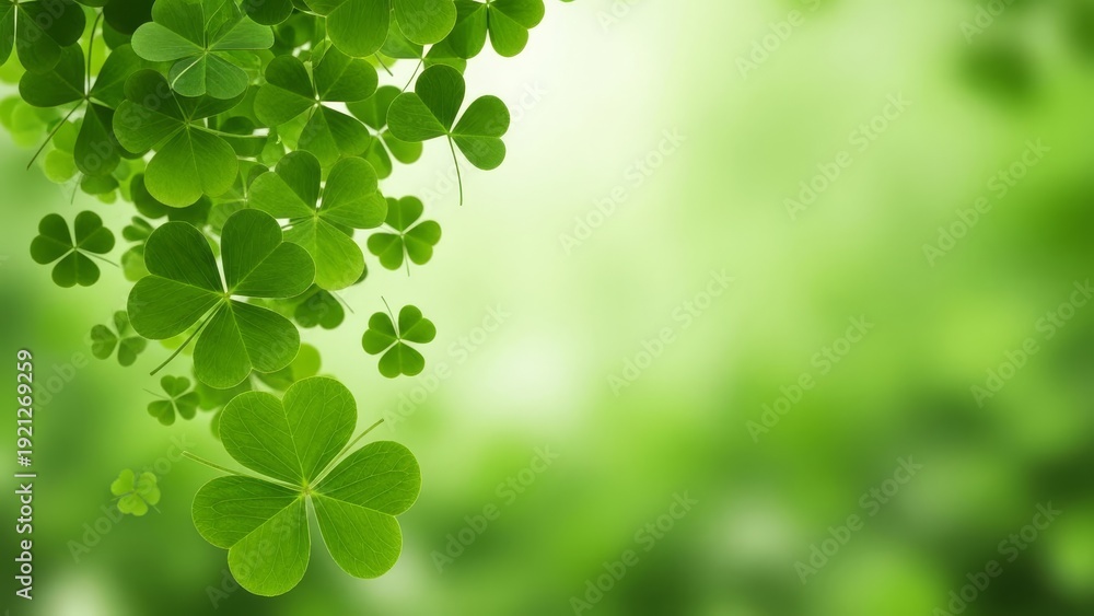 Obraz premium Vibrant green shamrocks cascade in a lush, blurred nature setting, symbolizing luck and spring.