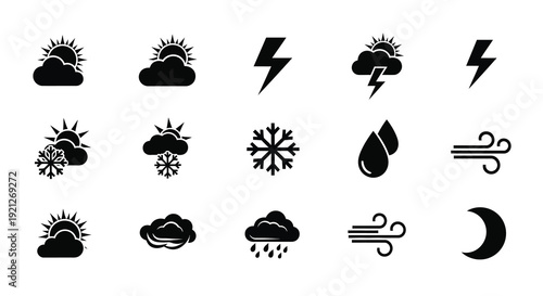 Black weather icons depicting various conditions in a striking silhouette
