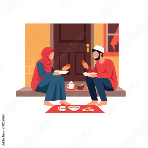 Couple breaking fast together during Ramadhan on doorstep